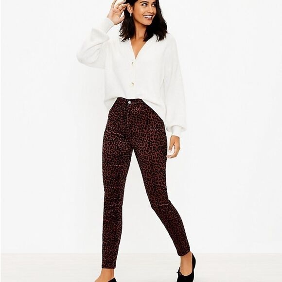 LOFT Denim - Loft Brown Corduroy Leopard Animal Print High Rise Waist Skinny Jeans Size 2